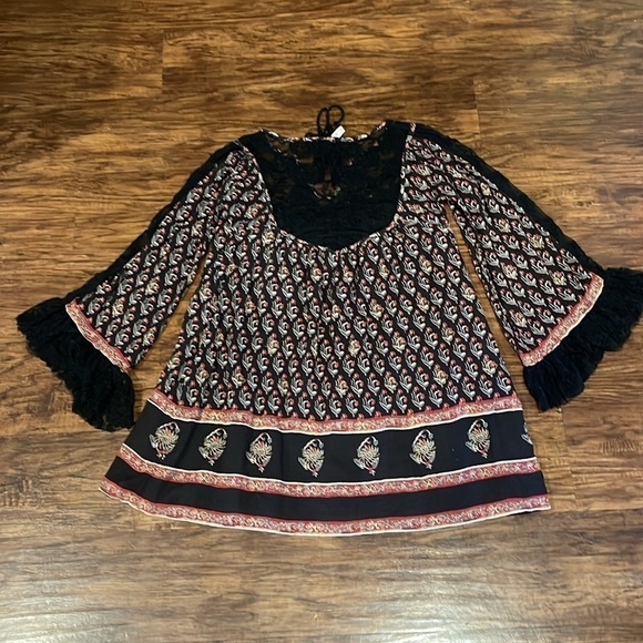 Free People Nomad Child Boho Black Floral Lace Detail Dress Tie Tassel neck xs - Picture 4 of 14